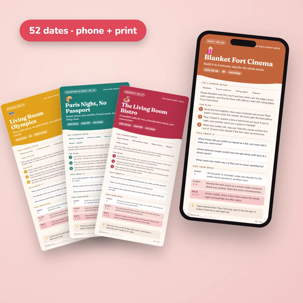 The Date Night Deck on a phone and printed cards